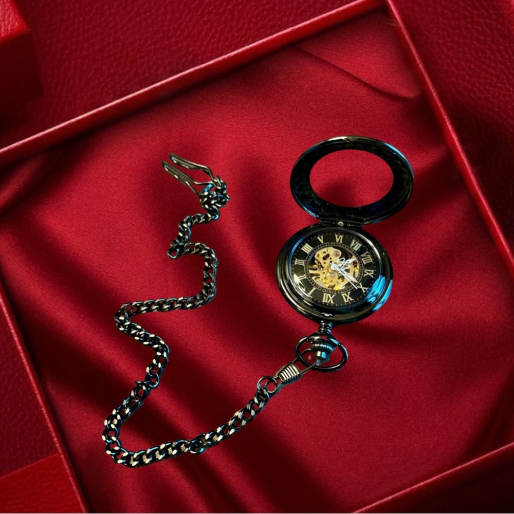 Tirio Roman Half Hunter Black Steel Hollow Skeleton Hand Wind Pocket Watch